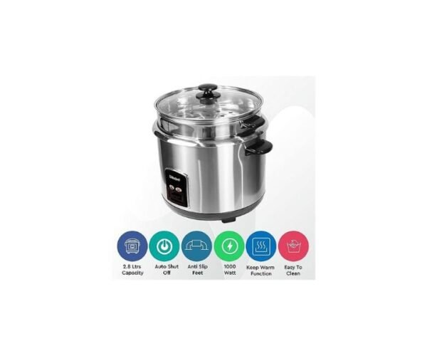 Nobel 2.8 Litres Rice Cooker Tempered Glass Lid Stainless Steel Silver Model-NRC280S | 1 Year Warranty. - Image 2