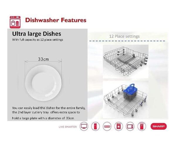 Sharp Dishwasher With 12 Place Settings 6 Programs Steel Silver Model-QW-MB612 | 1 Year Warranty. - Image 3