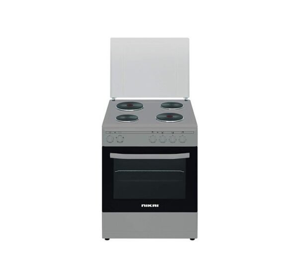 Nikai Electric Cooking Range 4-burner With Electric Oven Size 60 X 60 cm Silver Color With Silver Top And Glass Lid Model- NCR66S4HTR