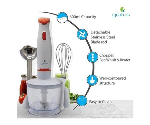 Gratus 4 in 1 Hand Blender With Chopper Egg Whisk And Beater White Model-GHB400UC | 2 Years Brand Warranty.