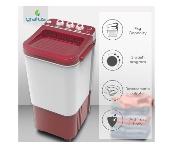 Gratus 7 Kg Washing Machine Single Tub Color Dark Maroon Model-GWST70-DM | 1 Year Brand Warranty.