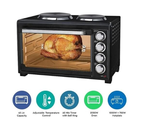 Nobel 45 Litres Electric Oven with 2 Hot Plate and 4 Knob Control  2000 W Black Model-NEO50HP | 1 Year Warranty. - Image 2