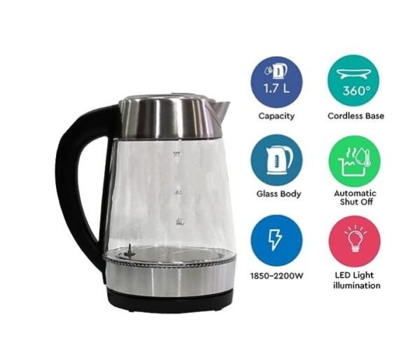 Nobel 1.7 Litres Glass Kettle With Automatic One Button Cover Starter LED Light 2200 W  Black Model-NK175DG | 1 Year Warranty. - Image 2