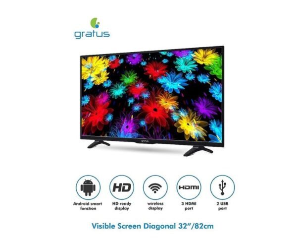 Gratus 32 Inchs HD LED Smart TV 2 HDMI High Resolution Superior Sound Black Model-GASLED32ACHD1 | 1 Year Brand Warranty.