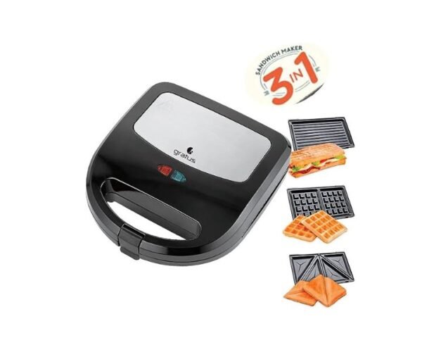 Gratus 3 in 1 Sandwich Maker With Grill and Waffle Maker Color Black Model-GSM750UC | 2 Years Brand Warranty.