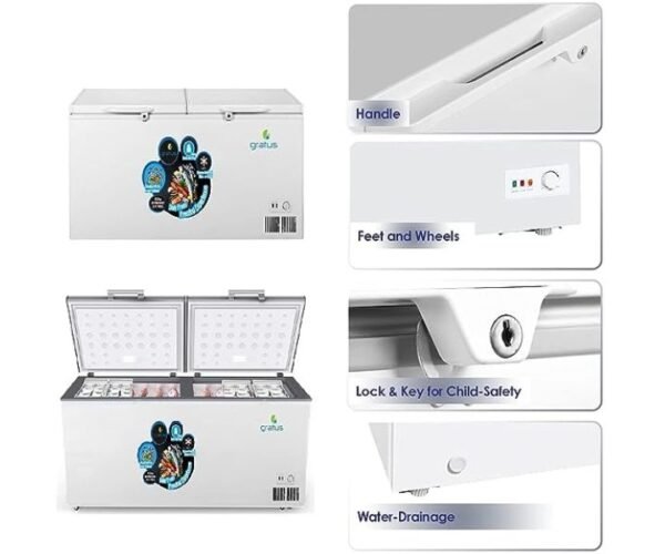 Gratus 650 Litres Tropicalized Chest Freezer With 2 Doors, External Handle, Inner shelf, Lock & Key, Internal LED White Model-GCFR650WDX | 1 Year Full 5 Years Compressor Warranty.