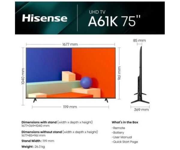 Hisense 75 Inch 4K UHD Smart TV with Dolby Vision YouTube/Netflix Black Model 75A61K - Image 2