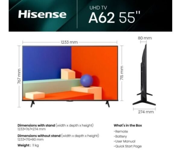 Hisense 55 Inch 4K HDR Smart TV With HDR DTS Virtual X Bluetooth and Wi Fi Black Model 55A62KS - Image 4