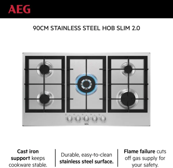 AEG 90Cm Gas Hob 5 Burners Built In Stainless Steel Model HGB95320SM - Image 2