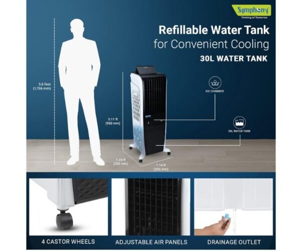 Symphony Residential Portable Tower Air Cooler 30 L Water Tank Color Black/White Model-DIET 3D-30i - Image 3