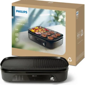 Philips 2400W Table Grill , Adjustable Temperature, Versatile Plate, Dishwasher Safe Black Model – HD6210/90 – 1 Year Warranty
