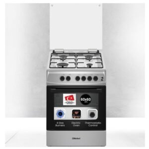 Nobel 60x60cm Gas Cooking Range with 4 Euro Pool Burners 70L Gas Oven, Double Glass Door, Full Push-Button Ignition, Flame Failure Safety Device, Glass Top Lid, Adjustable Legs Silver Model – NGC6611I