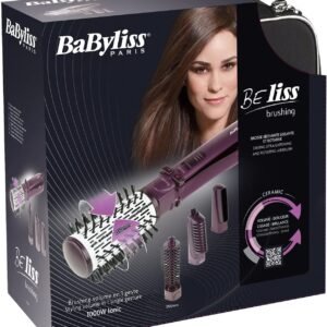 BaByliss Beliss Brushing 1000W Hot Air Styler with Rotating Brush, Ionic Technology, 4 Attachments, Black/Purple – Model 2736E